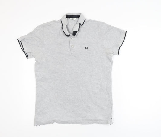 Jack & Jones Mens Grey Short Sleeve Cotton Polo Shirt Size L