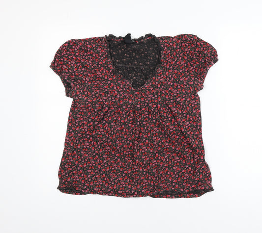 H&M Women's Black Floral Cotton Tunic Blouse Size 12