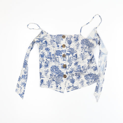 Topshop Women Blue Off Shoulder Cropped Button Blouse Size 8