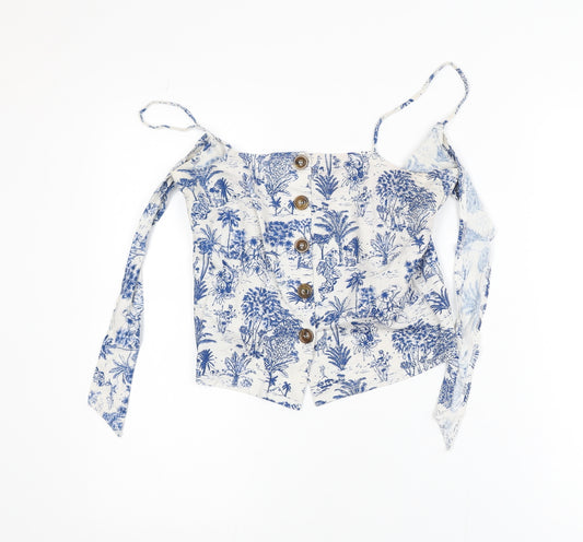 Topshop Women Blue Off Shoulder Cropped Button Blouse Size 8