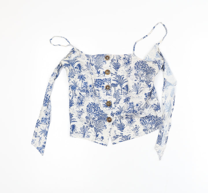 Topshop Women Blue Off Shoulder Cropped Button Blouse Size 8