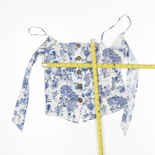 Topshop Women Blue Off Shoulder Cropped Button Blouse Size 8