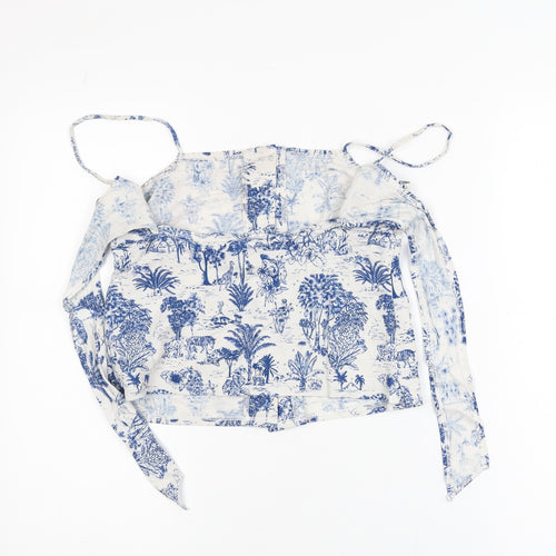 Topshop Women Blue Off Shoulder Cropped Button Blouse Size 8