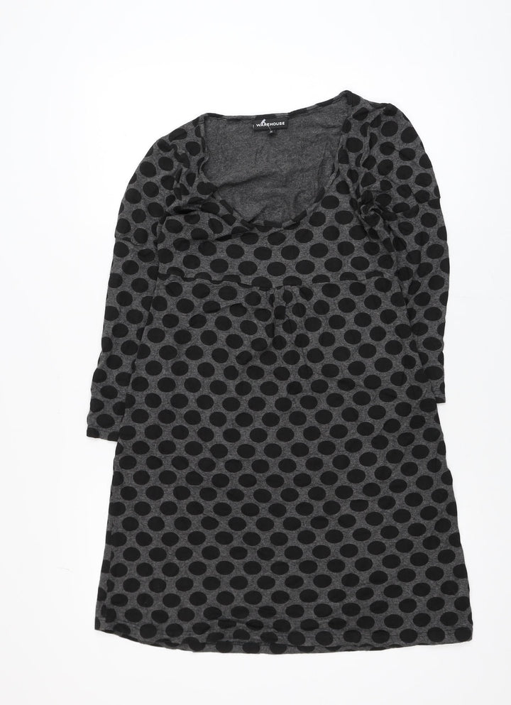 Warehouse Women Grey Polka Dot Shift Dress Size 12 Long Sleeve