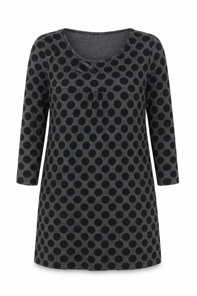 Front view of Warehouse Women Grey Polka Dot Shift Dress, size 12, Long Sleeve