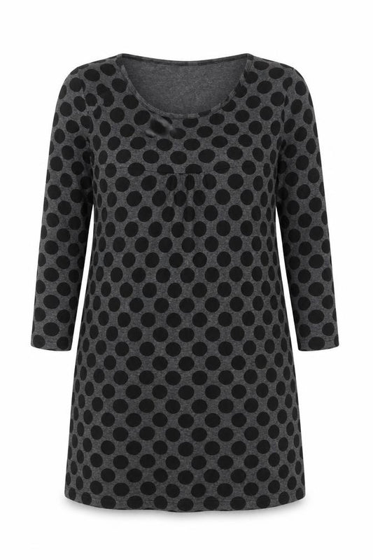 Front view of Warehouse Women Grey Polka Dot Shift Dress, size 12, Long Sleeve