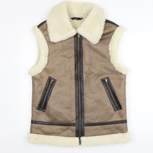 F&F Women Beige Faux Shearling Lined Zip Waistcoat Size S