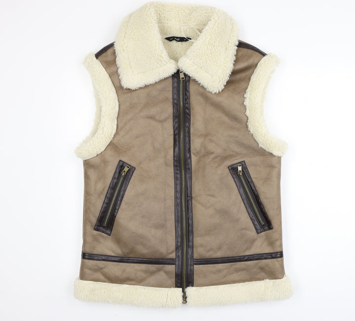 F&F Women Beige Faux Shearling Lined Zip Waistcoat Size S