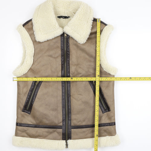 F&F Women Beige Faux Shearling Lined Zip Waistcoat Size S