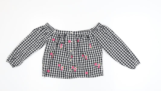 Hollister Women's Black Gingham Floral Off Shoulder Blouse XS