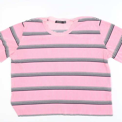 Bershka Women's Pink Striped Short Sleeve Basic T-Shirt Size 12