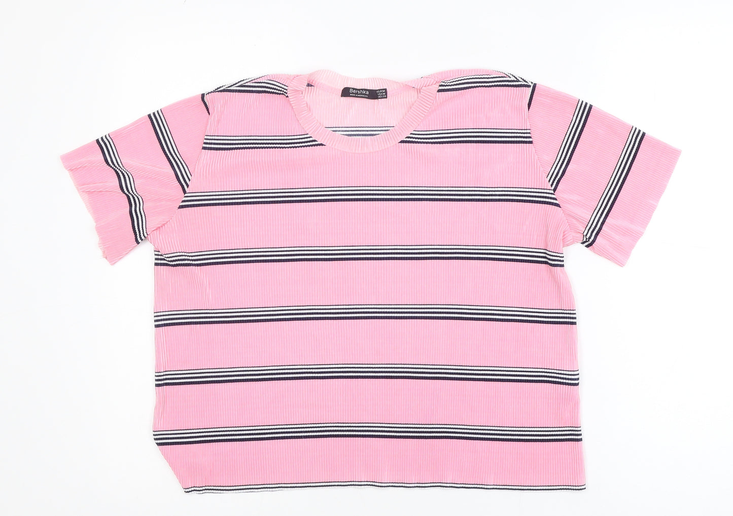 Bershka Women's Pink Striped Short Sleeve Basic T-Shirt Size 12