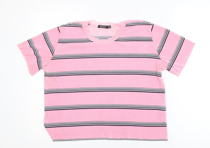 Bershka Women's Pink Striped Short Sleeve Basic T-Shirt Size 12