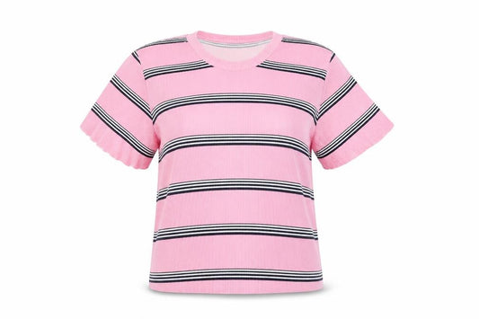Front view of Bershka Women's Pink Striped Short Sleeve Basic T-Shirt, size 12