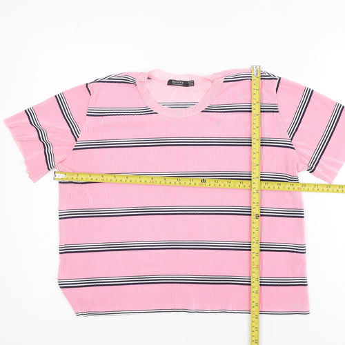 Bershka Women's Pink Striped Short Sleeve Basic T-Shirt Size 12