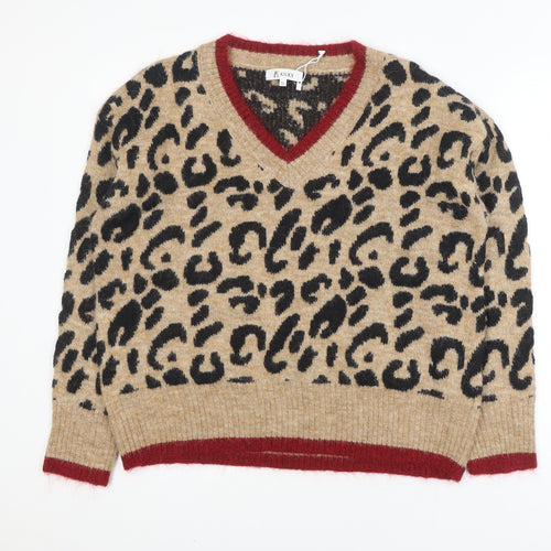 KILKY Womens Beige Leopard V-Neck Wool Blend Pullover Jumper M