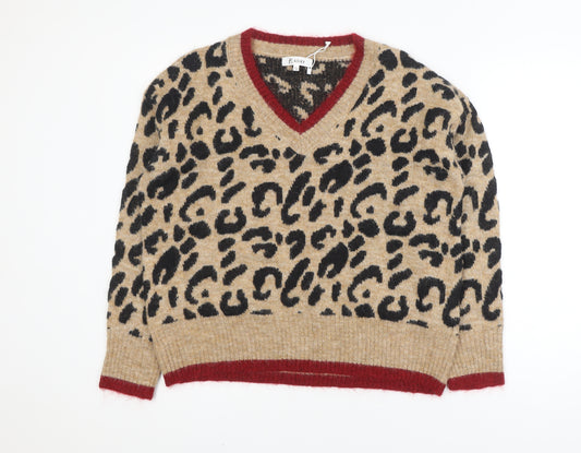 KILKY Womens Beige Leopard V-Neck Wool Blend Pullover Jumper M