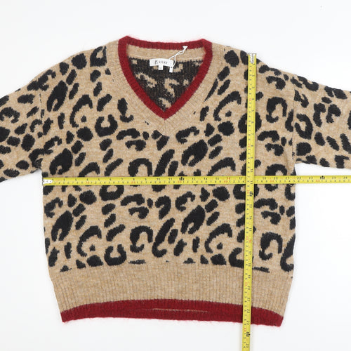 KILKY Womens Beige Leopard V-Neck Wool Blend Pullover Jumper M