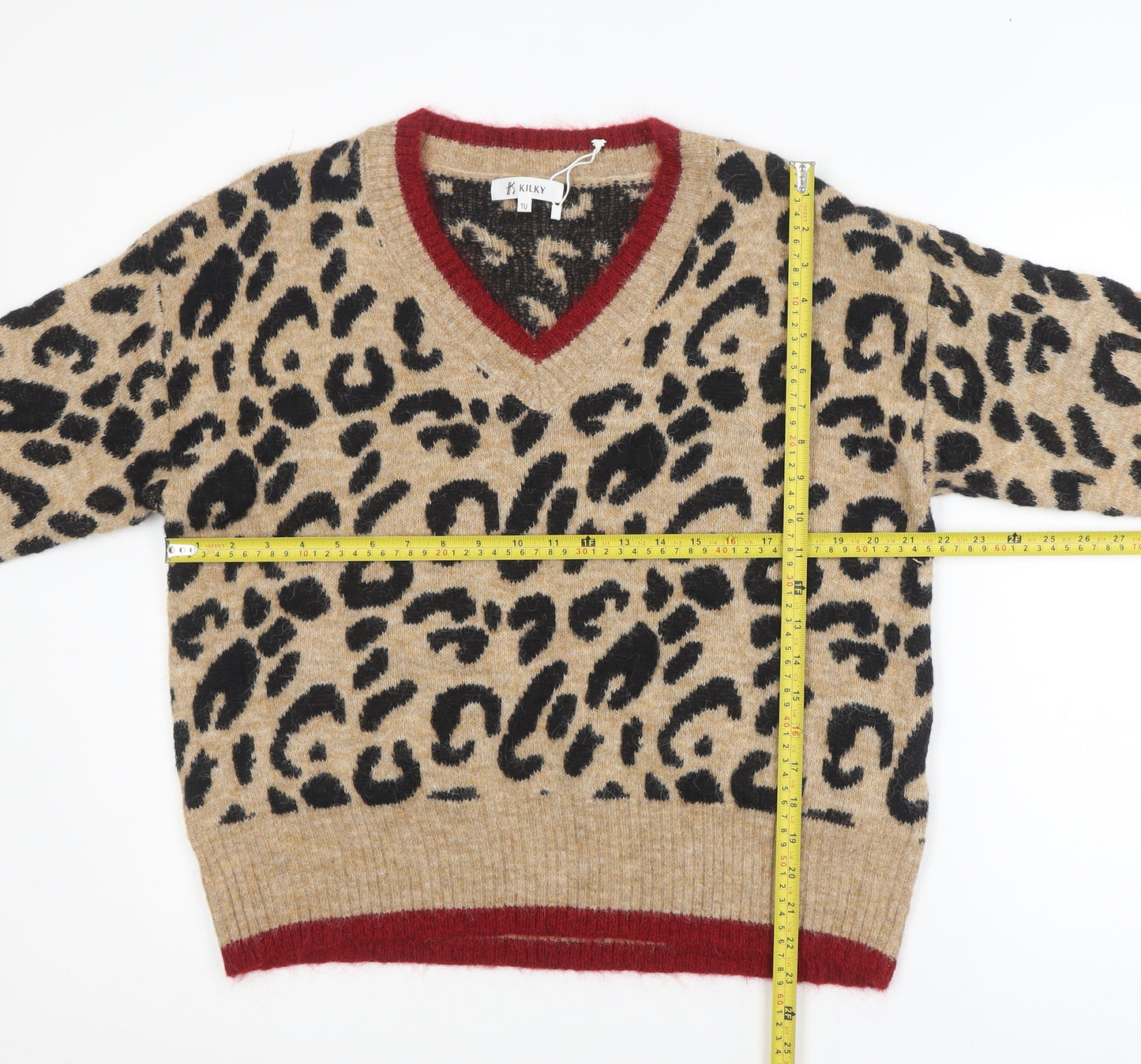 KILKY Womens Beige Leopard V-Neck Wool Blend Pullover Jumper M