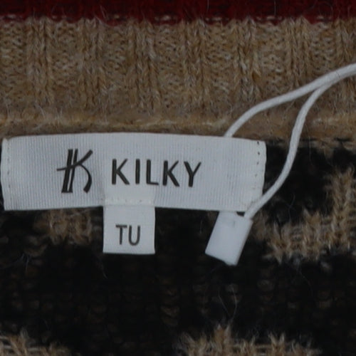 KILKY Womens Beige Leopard V-Neck Wool Blend Pullover Jumper M