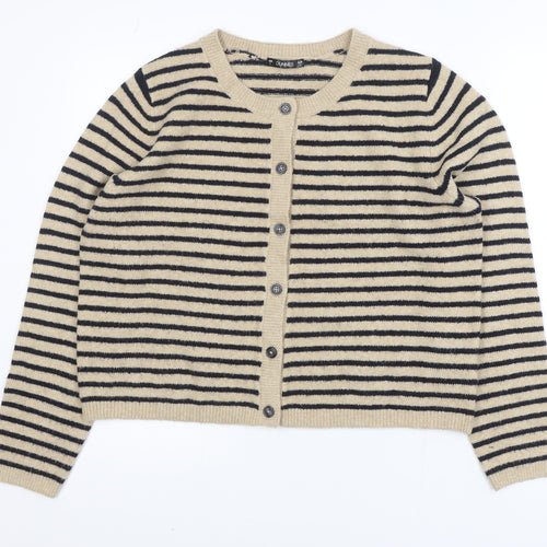 Dunnes Women Beige Stripe Knit Cardigan L Long Sleeve