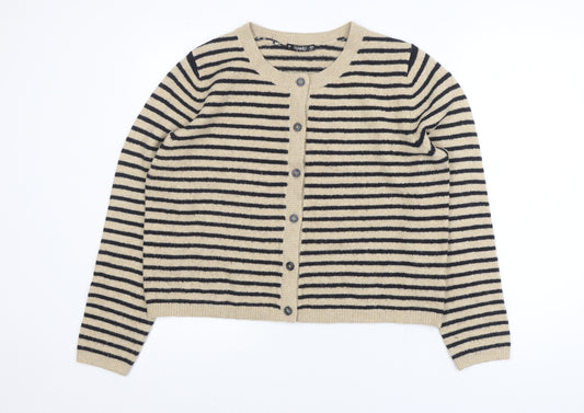 Dunnes Women Beige Stripe Knit Cardigan L Long Sleeve