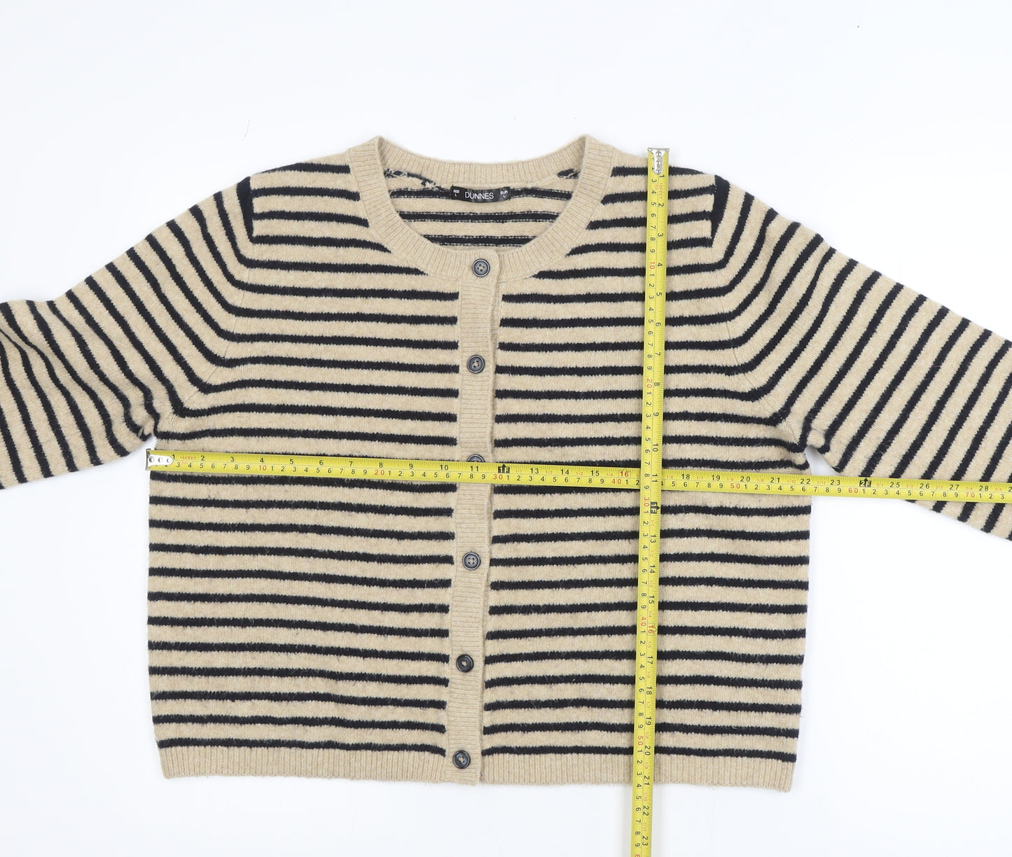 Dunnes Women Beige Stripe Knit Cardigan L Long Sleeve