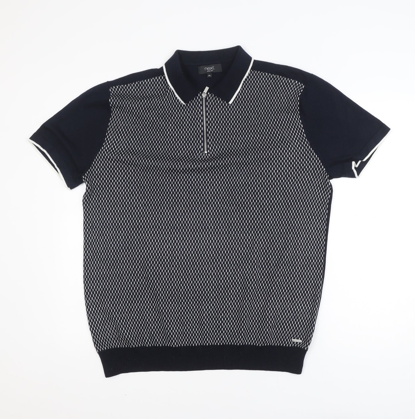 Next Men's Black 2XL Short Sleeve Zip Neck Polo Shirt