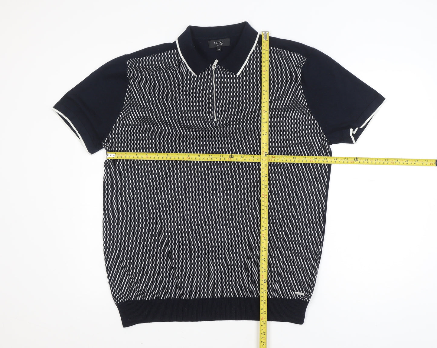 Next Men's Black 2XL Short Sleeve Zip Neck Polo Shirt