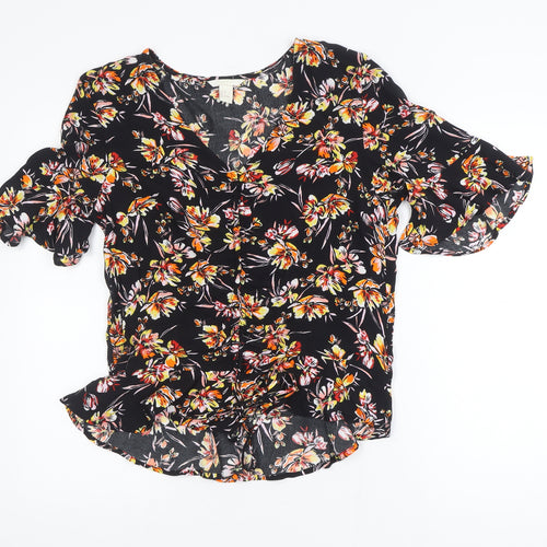 H&M Womens Black Floral V-Neck Blouse Size 10 Ruffle Short Sleeve Viscose