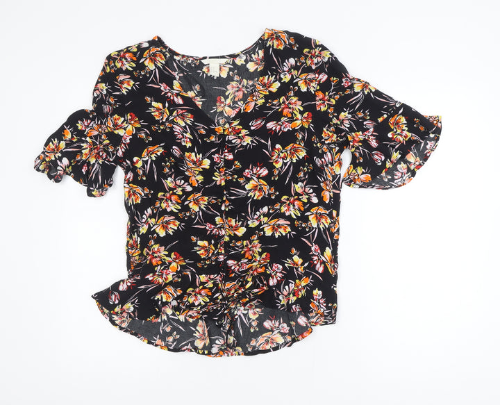 H&M Womens Black Floral V-Neck Blouse Size 10 Ruffle Short Sleeve Viscose