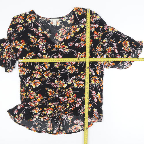 H&M Womens Black Floral V-Neck Blouse Size 10 Ruffle Short Sleeve Viscose