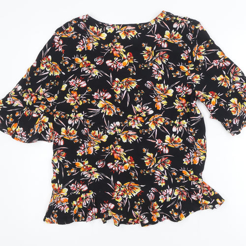 H&M Womens Black Floral V-Neck Blouse Size 10 Ruffle Short Sleeve Viscose