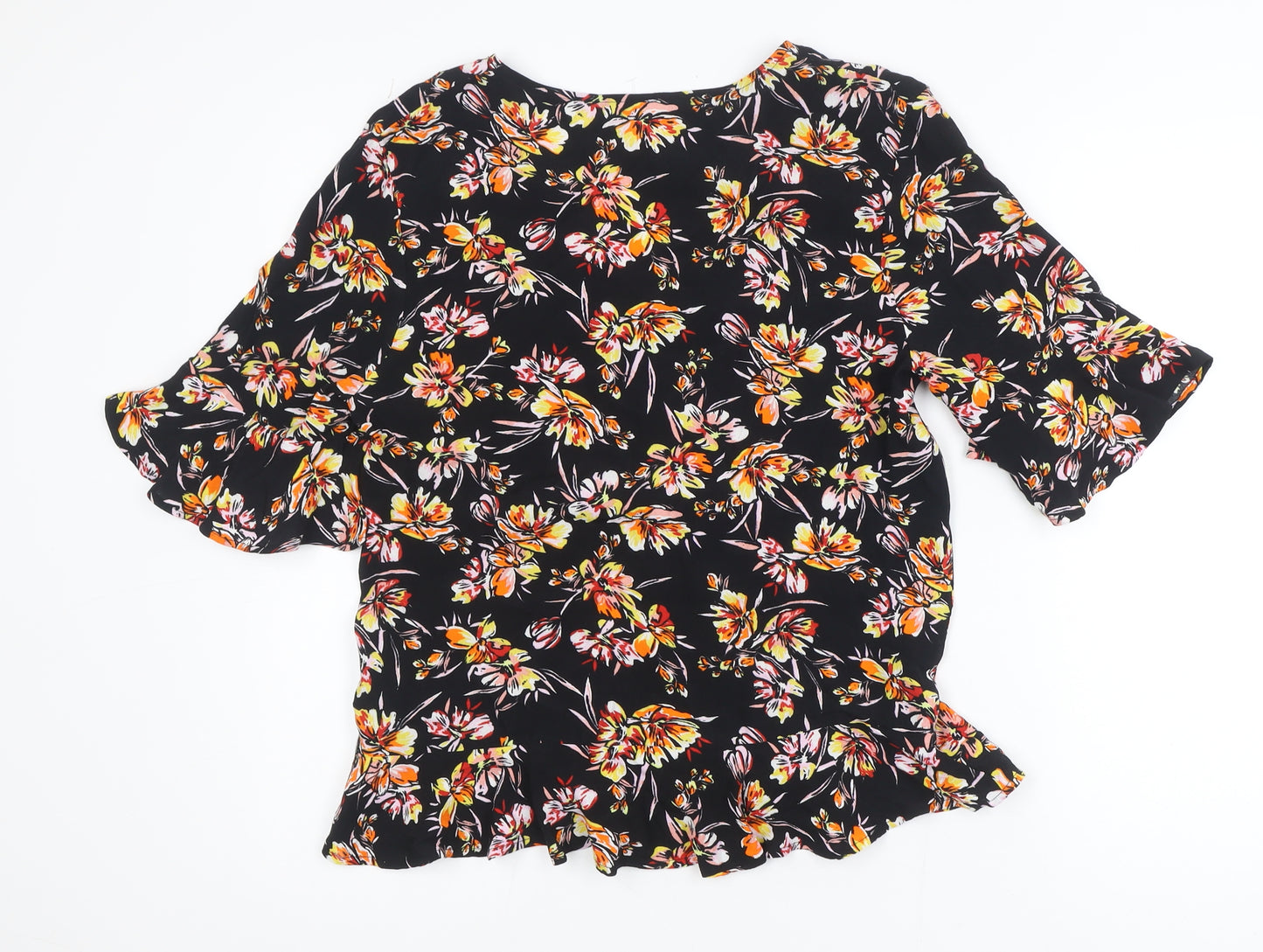 H&M Womens Black Floral V-Neck Blouse Size 10 Ruffle Short Sleeve Viscose