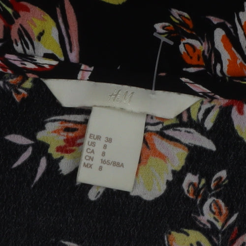 H&M Womens Black Floral V-Neck Blouse Size 10 Ruffle Short Sleeve Viscose
