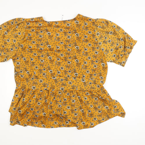 EXACT Womens Yellow Floral Tunic Blouse XL Short Sleeve V-Neck