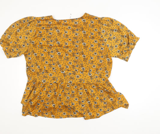 EXACT Womens Yellow Floral Tunic Blouse XL Short Sleeve V-Neck