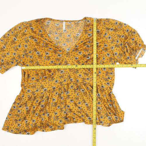 EXACT Womens Yellow Floral Tunic Blouse XL Short Sleeve V-Neck