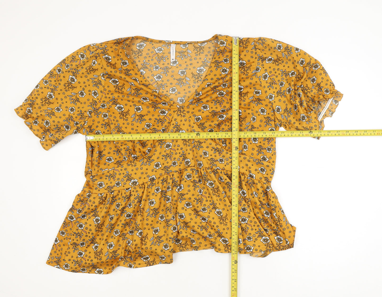 EXACT Womens Yellow Floral Tunic Blouse XL Short Sleeve V-Neck