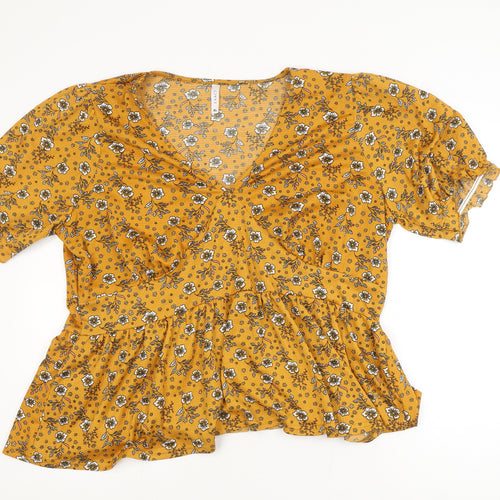 EXACT Womens Yellow Floral Tunic Blouse XL Short Sleeve V-Neck