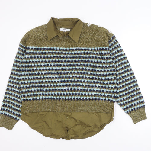 Next Women Olive Green Fair Isle Knit Layered Jumper M Wool Blend