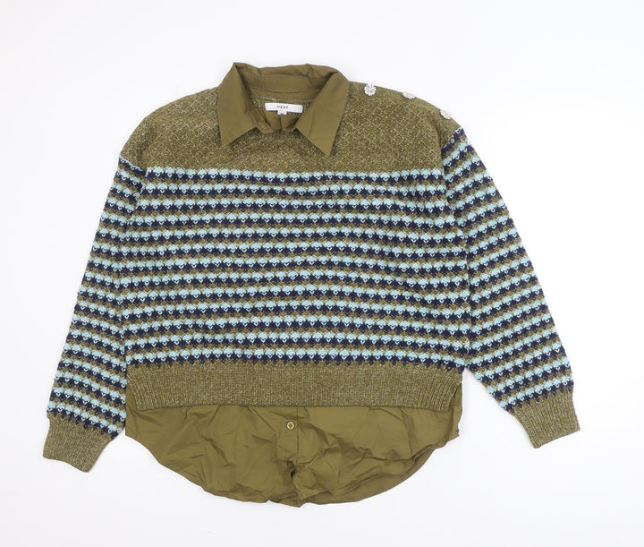 Next Women Olive Green Fair Isle Knit Layered Jumper M Wool Blend
