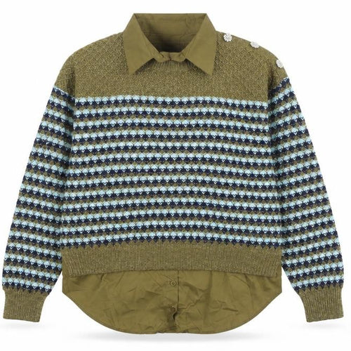 Next Women Olive Green Fair Isle Knit Layered Jumper M Wool Blend