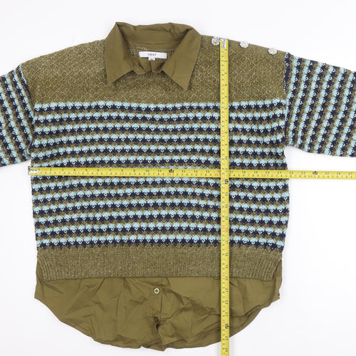 Next Women Olive Green Fair Isle Knit Layered Jumper M Wool Blend
