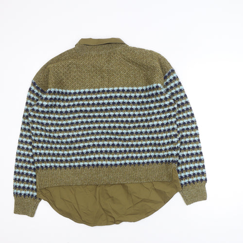 Next Women Olive Green Fair Isle Knit Layered Jumper M Wool Blend