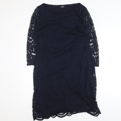 Wallis Women Blue Lace Sheath Dress Size 12 3/4 Sleeve