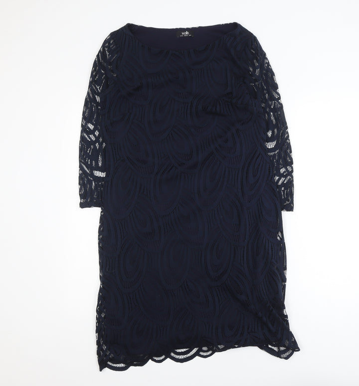 Wallis Women Blue Lace Sheath Dress Size 12 3/4 Sleeve