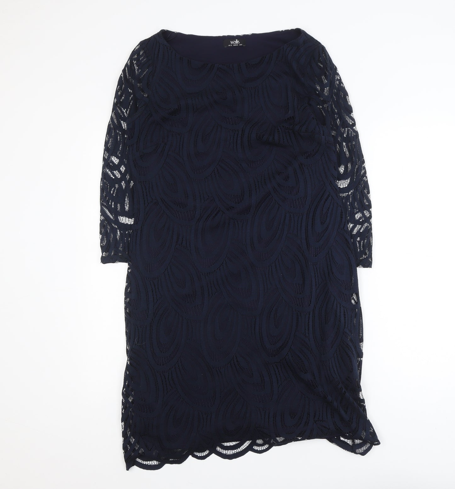 Wallis Women Blue Lace Sheath Dress Size 12 3/4 Sleeve