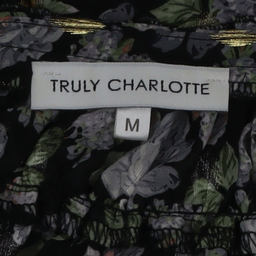 Truly Charlotte Women's Black Floral Ruffle Neck Long Sleeve Blouse Size M