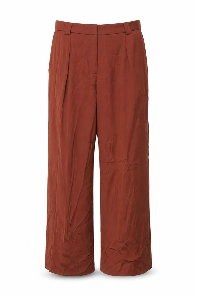 Front view of Hush women’s rust wide-leg trousers, size UK 14, polyester dress pants